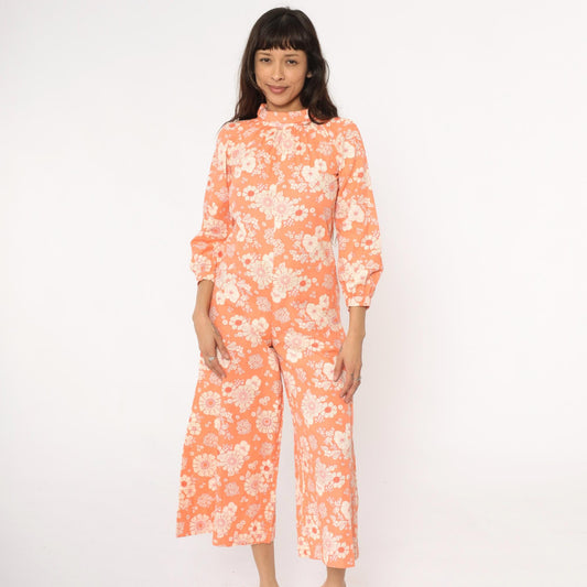 70s Orange Floral Jumpsuit Mock Neck Wide Leg Cream White Cotton Small