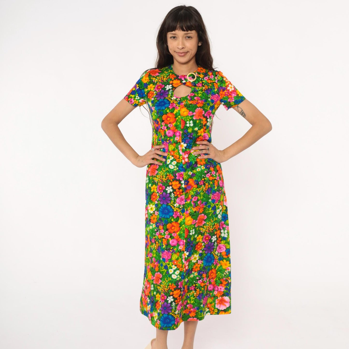 70s Floral Maxi Dress Keyhole Neckline Short Sleeve Cotton Rainbow Small