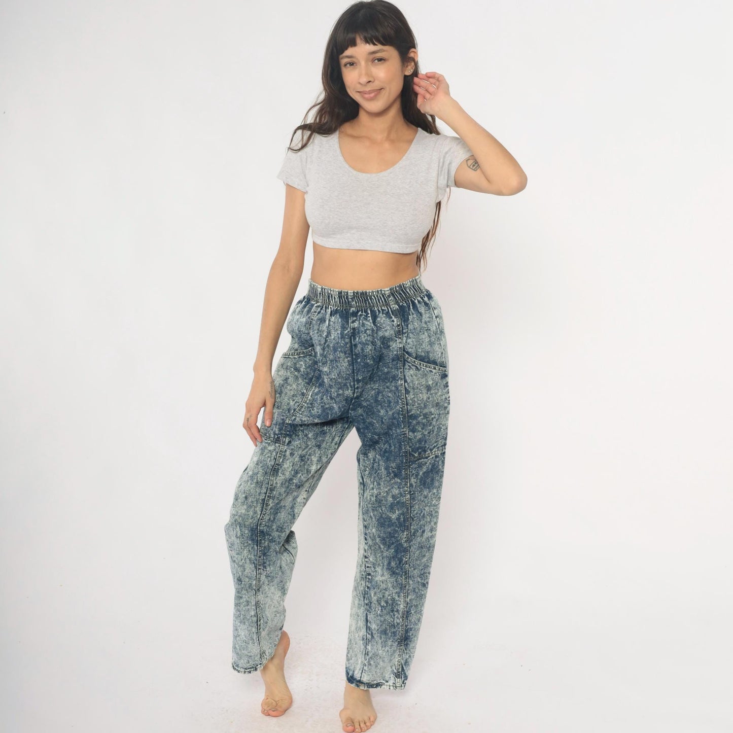 90s Acid Wash Denim High Rise Elastic Waist Straight Leg Light Blue Small Medium