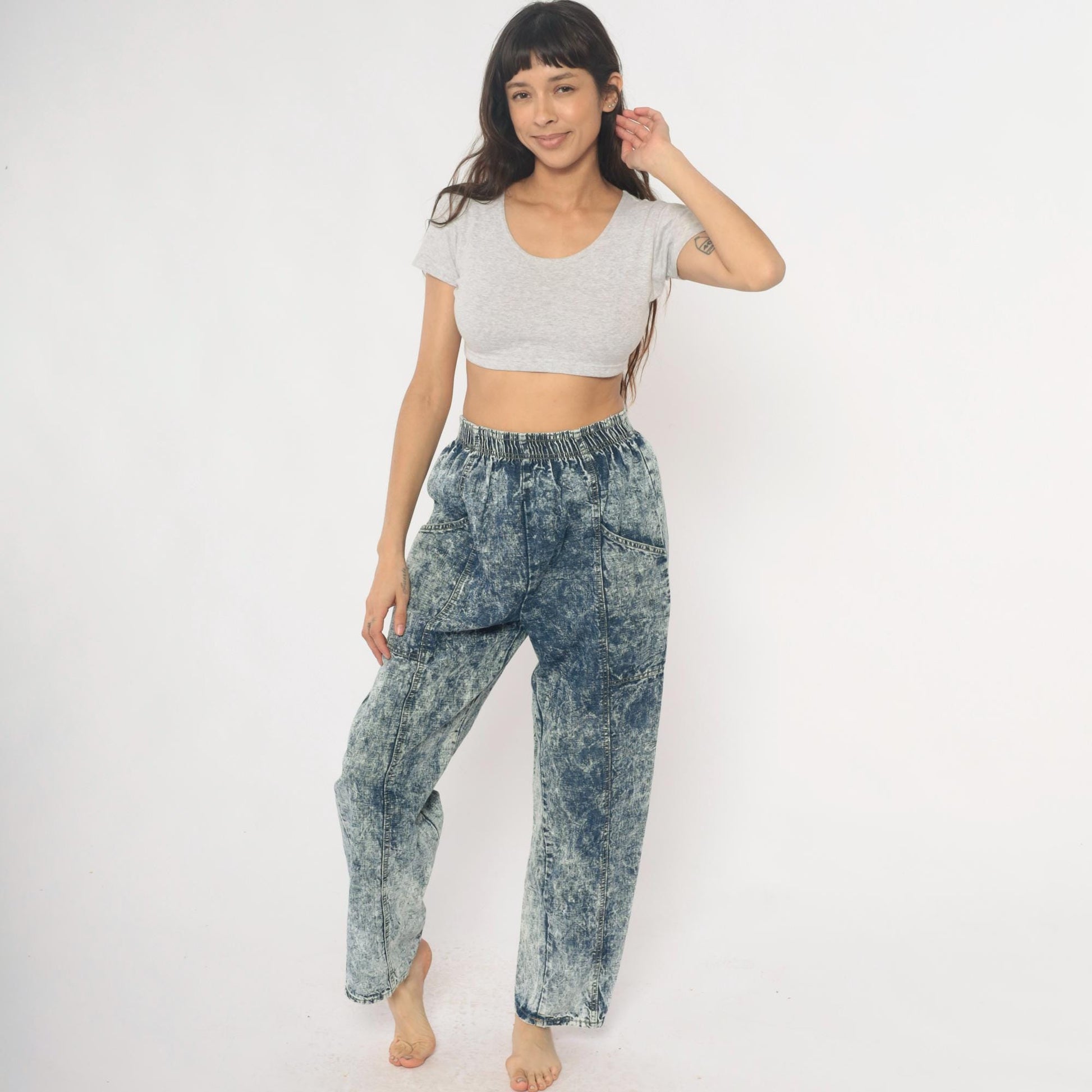 90s Acid Wash Denim High Rise Elastic Waist Straight Leg Light Blue Small Medium