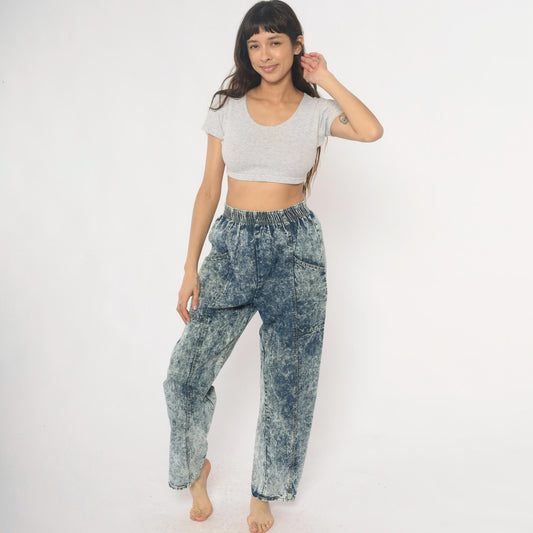 90s Acid Wash Denim High Rise Elastic Waist Straight Leg Light Blue Small Medium