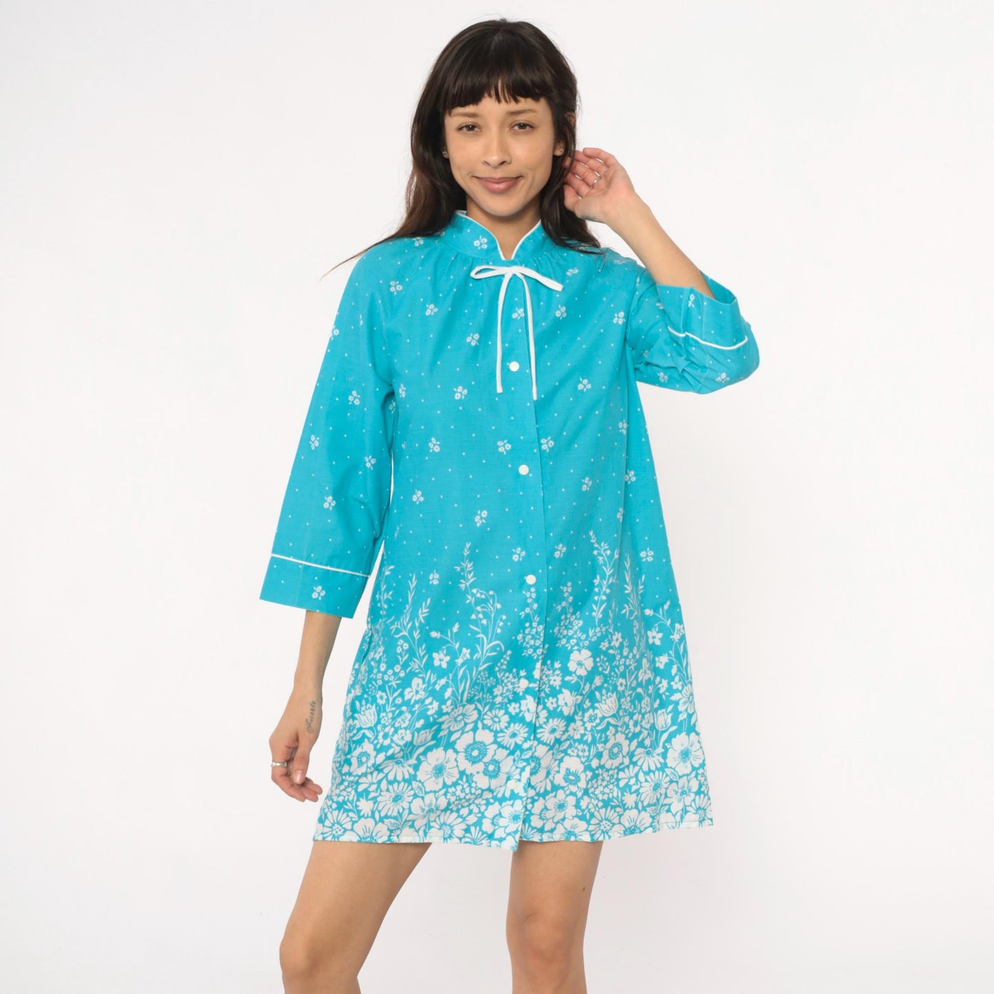 80s Dan Ellen Turquoise Floral Shift Dress Mandarin Collar Small