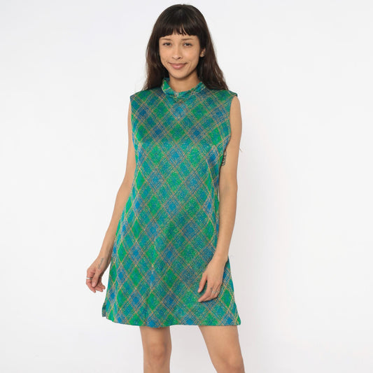 60s Metallic Plaid Shift Dress Blue Green Gold Mock Neck Mini Large L