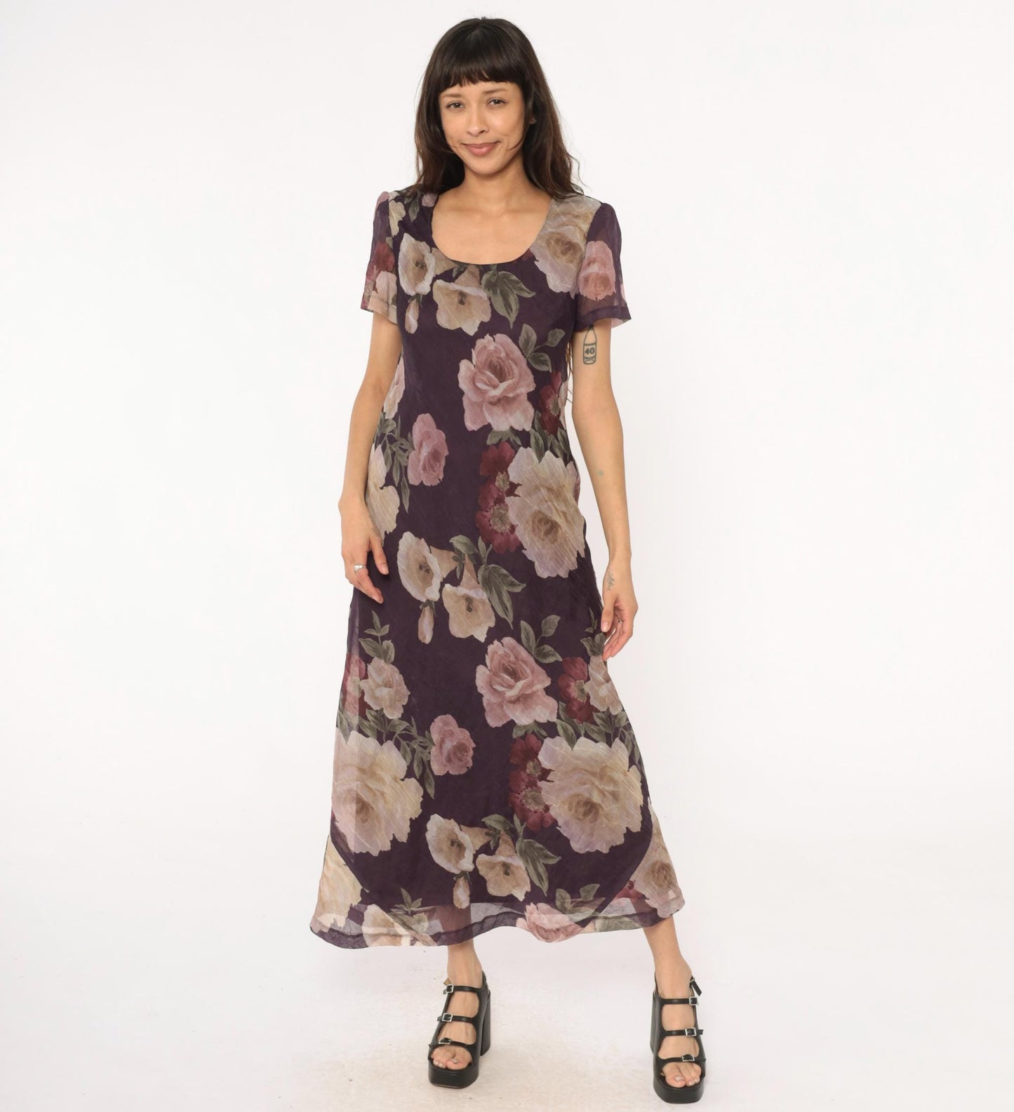 90s Jessica Howard Floral Maxi Dress Purple Rose Print Short Sleeve Medium