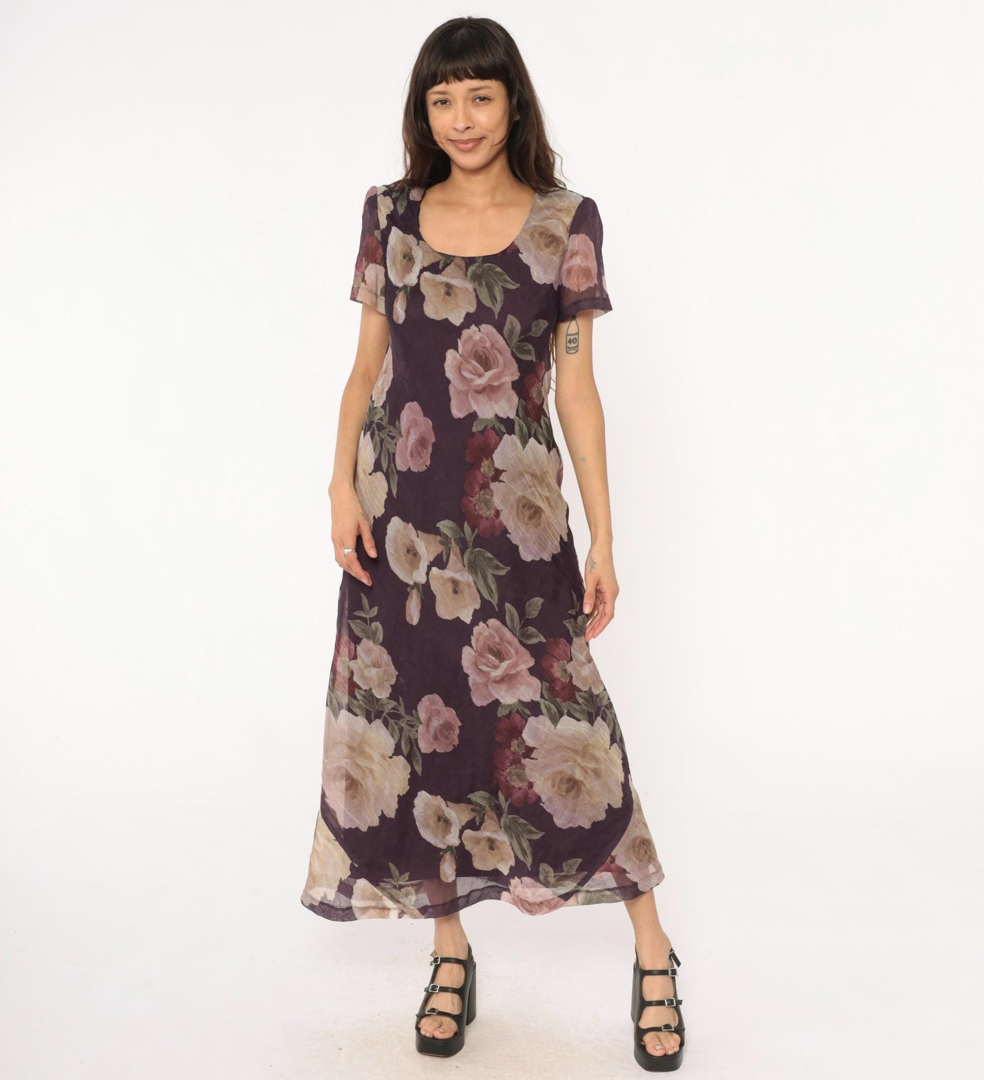 90s Jessica Howard Floral Maxi Dress Purple Rose Print Short Sleeve Medium