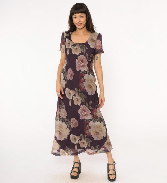 90s Jessica Howard Floral Maxi Dress Purple Rose Print Short Sleeve Medium