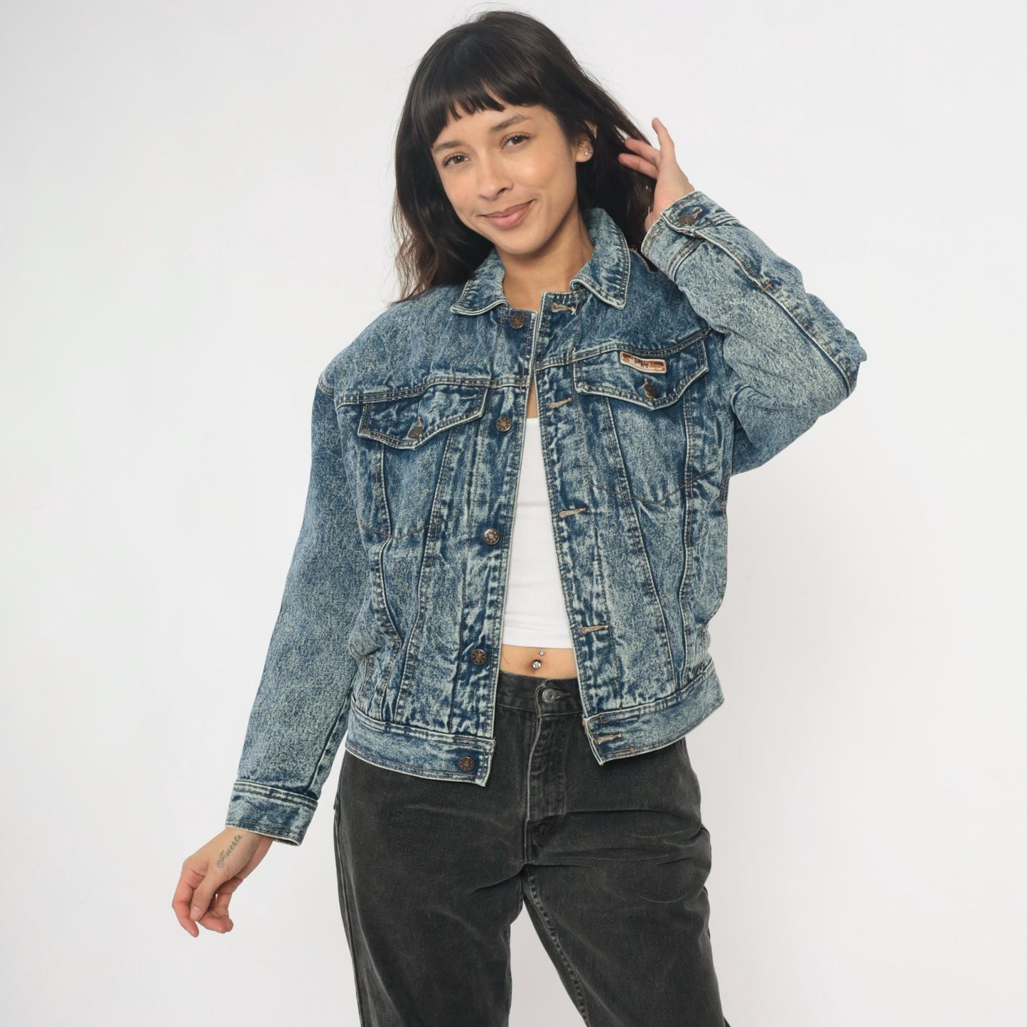 90s Blue Eagle Acid Wash Denim Jacket Cropped Trucker Small S