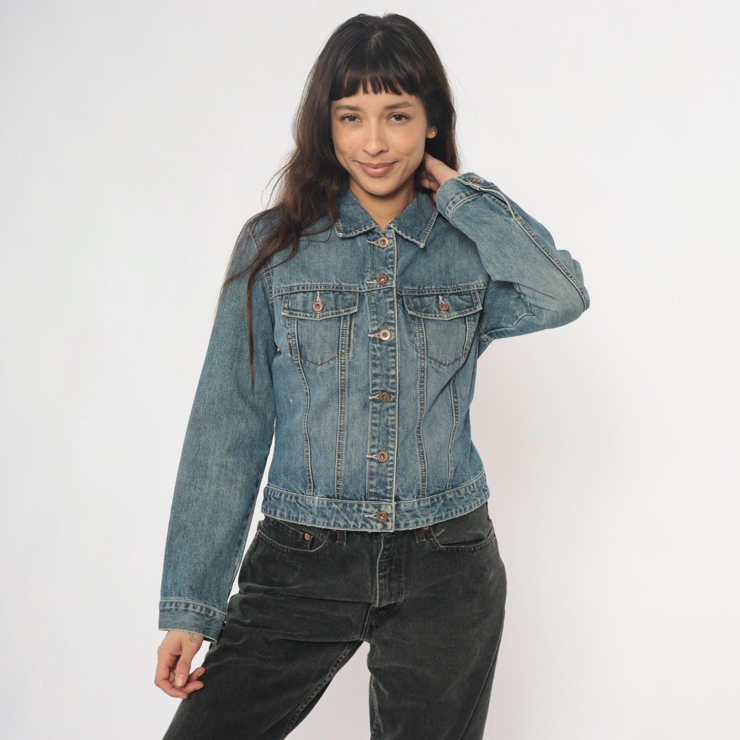 Y2K Gap Light Wash Denim Jacket Princess Seam Fitted Cropped Medium M