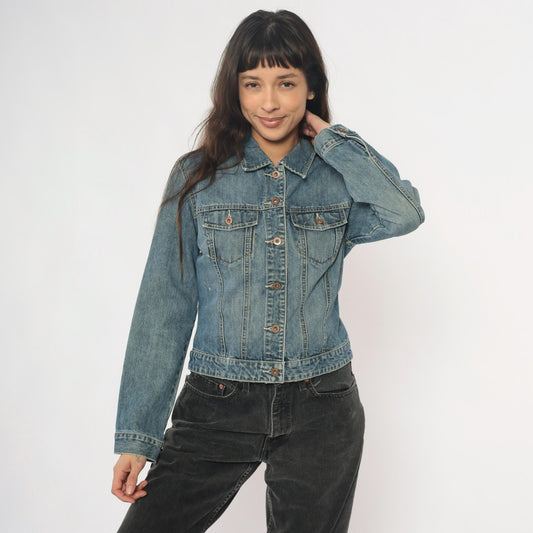 Y2K Gap Light Wash Denim Jacket Princess Seam Fitted Cropped Medium M