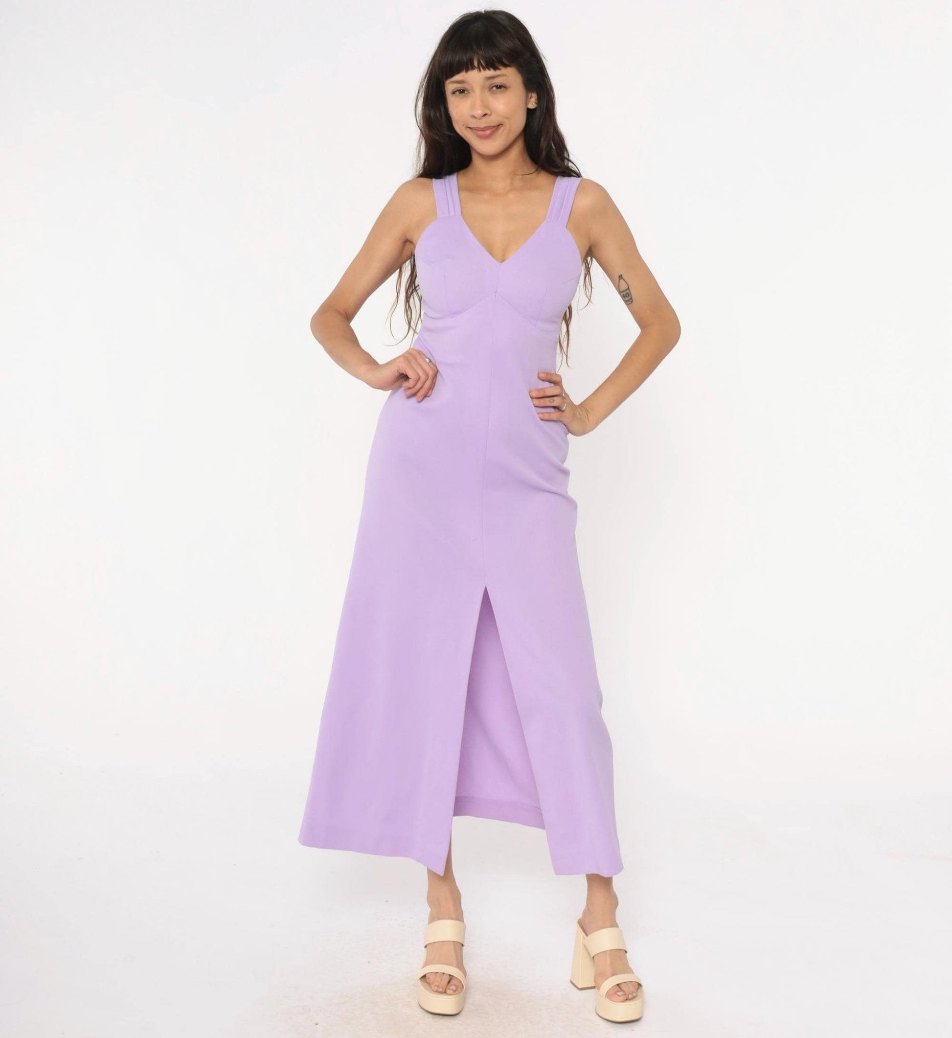 70s Lavender Maxi Dress Empire Waist Front Slit V-Neck Extra Small XS