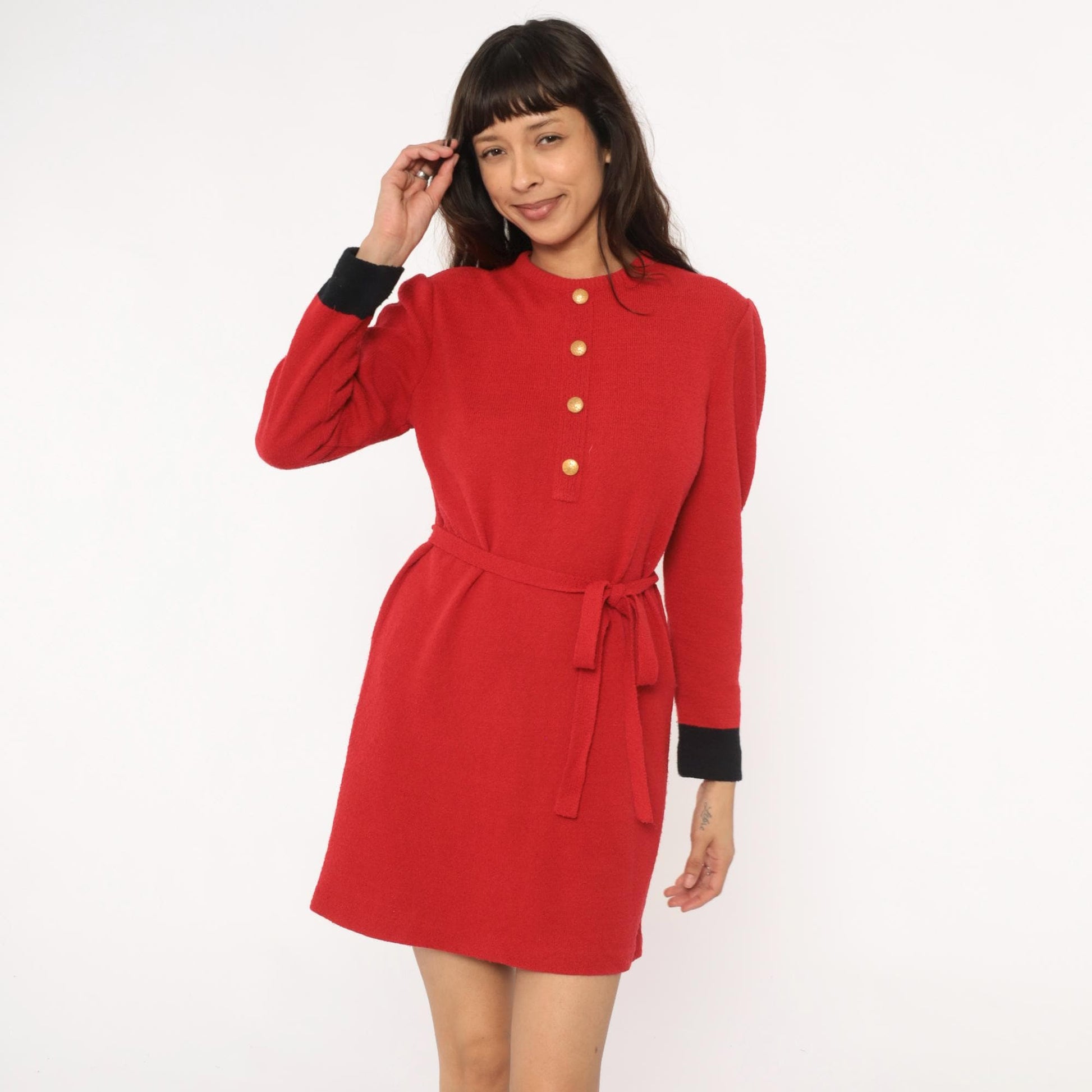 80s Castleberry Red Sweater Dress Gold Buttons Black Cuffs Tie Belt Medium