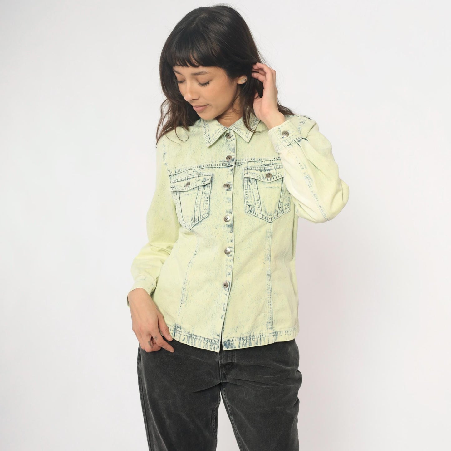 90s Get Together Acid Wash Denim Shirt Yellow Cotton Small