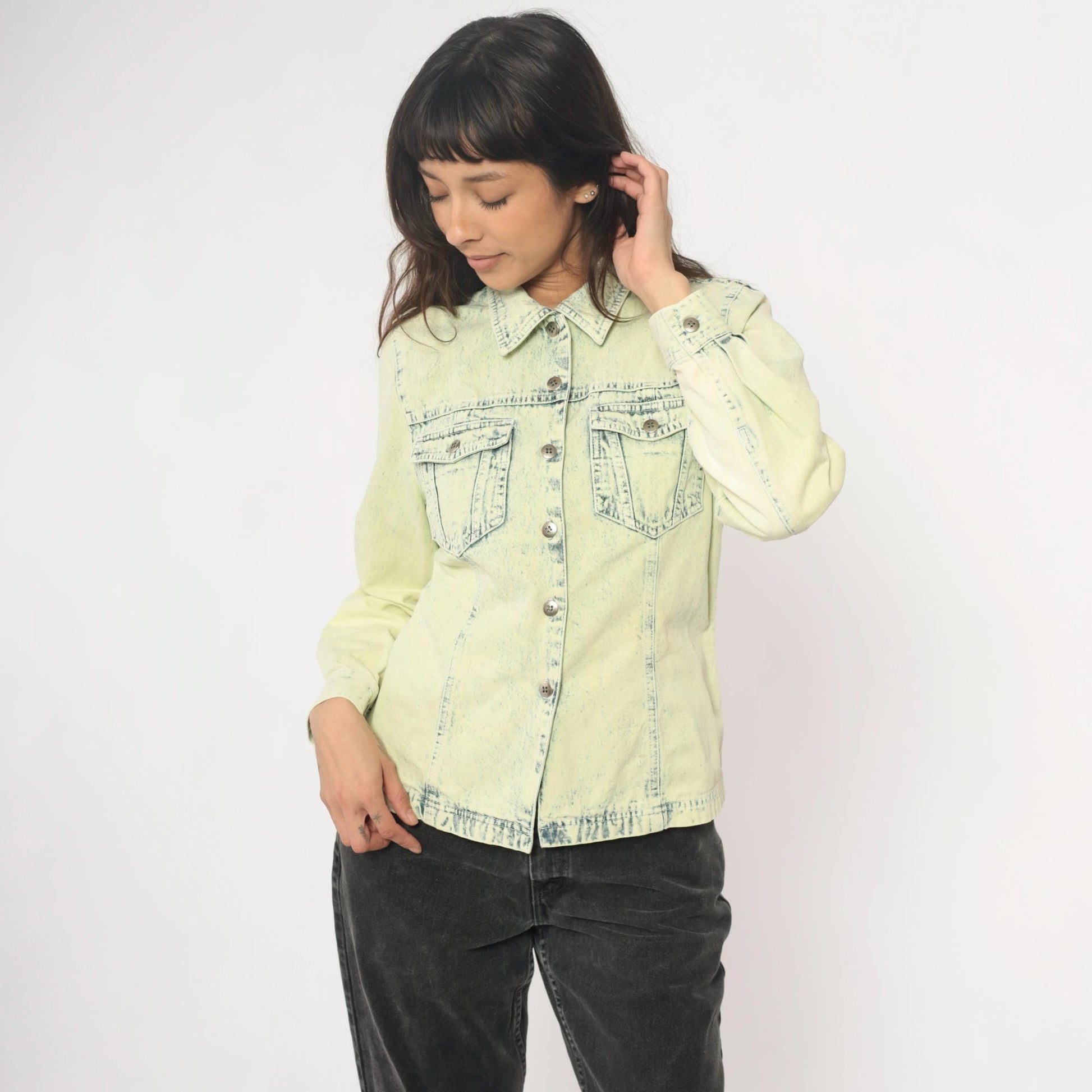 90s Get Together Acid Wash Denim Shirt Yellow Cotton Small