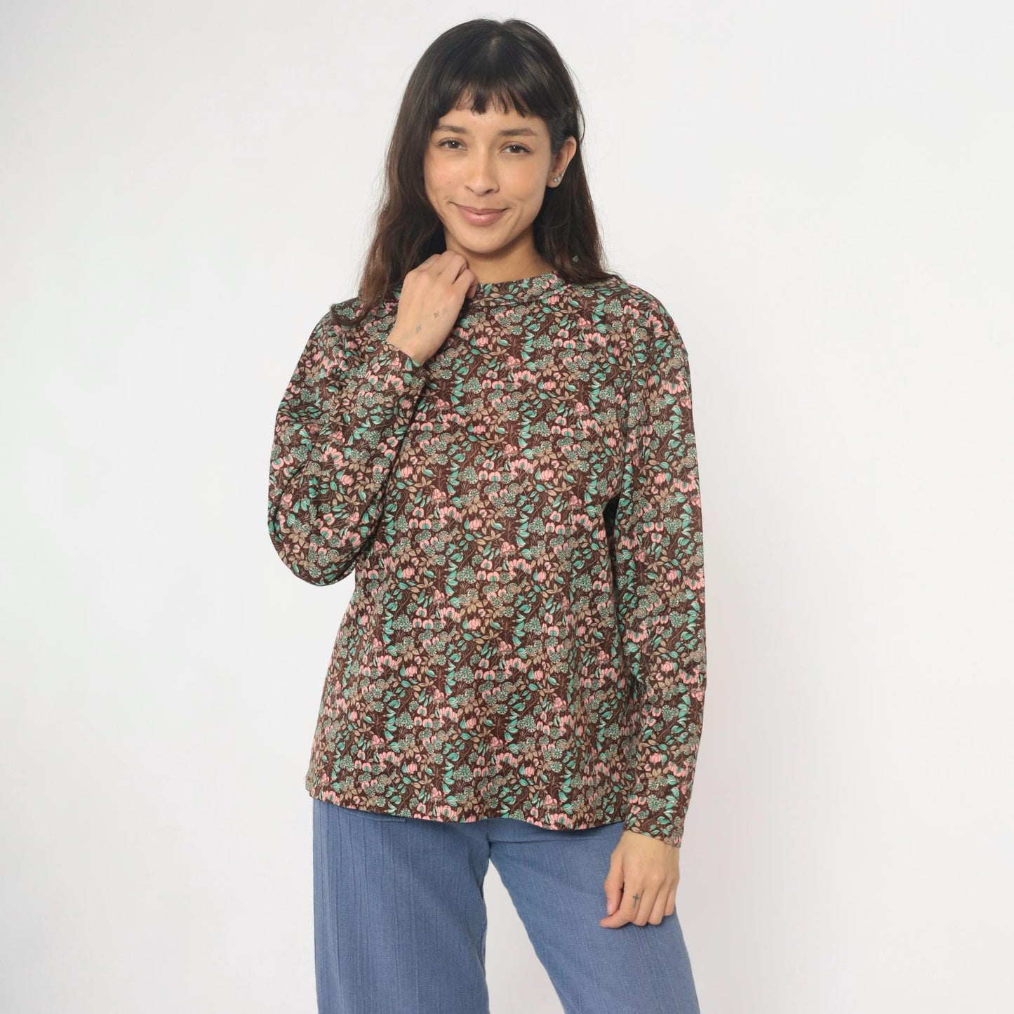 70s Floral Pullover Blouse Brown Pink Mint Crew Neck Long Sleeve Medium