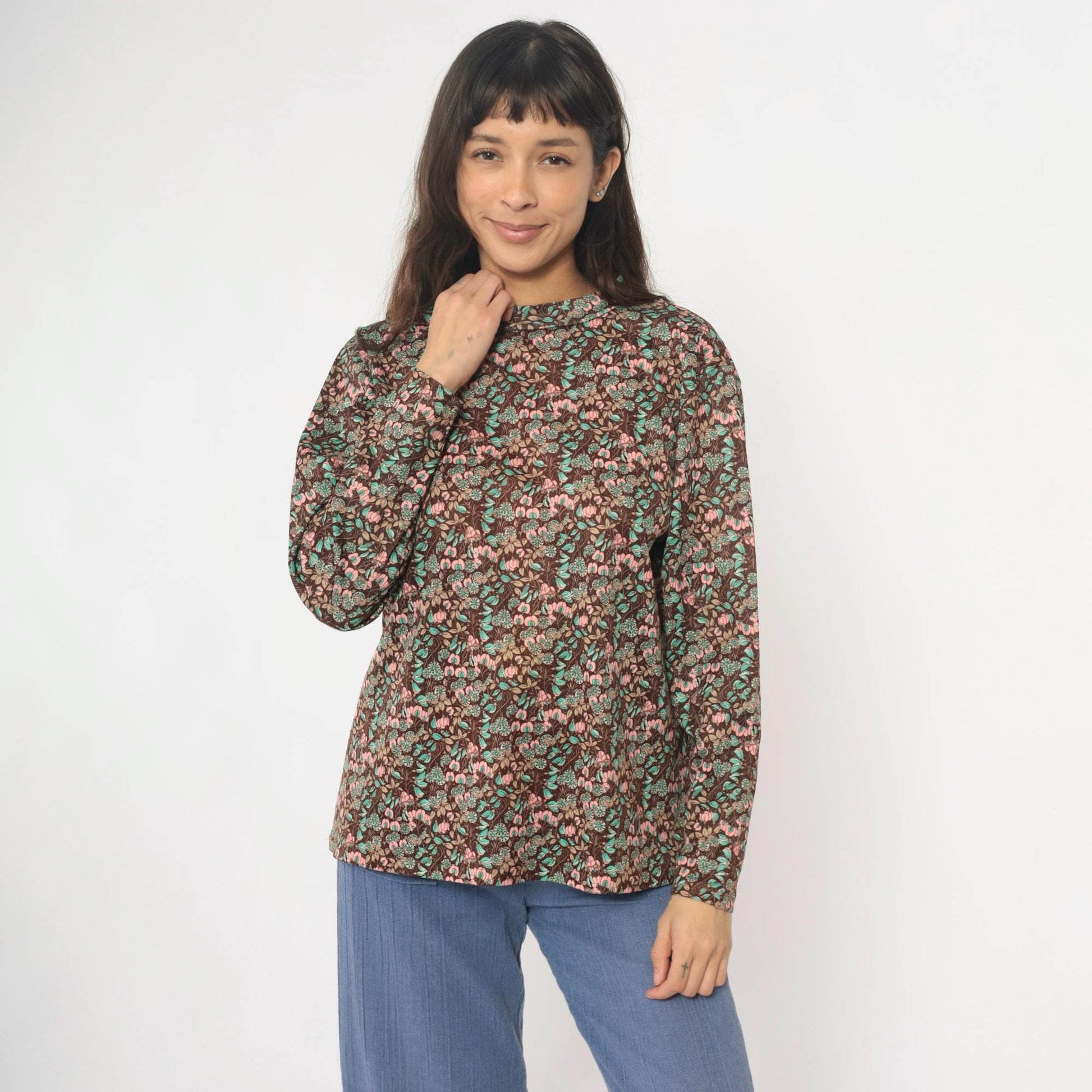 70s Floral Pullover Blouse Brown Pink Mint Crew Neck Long Sleeve Medium