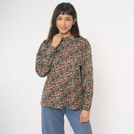 70s Floral Pullover Blouse Brown Pink Mint Crew Neck Long Sleeve Medium