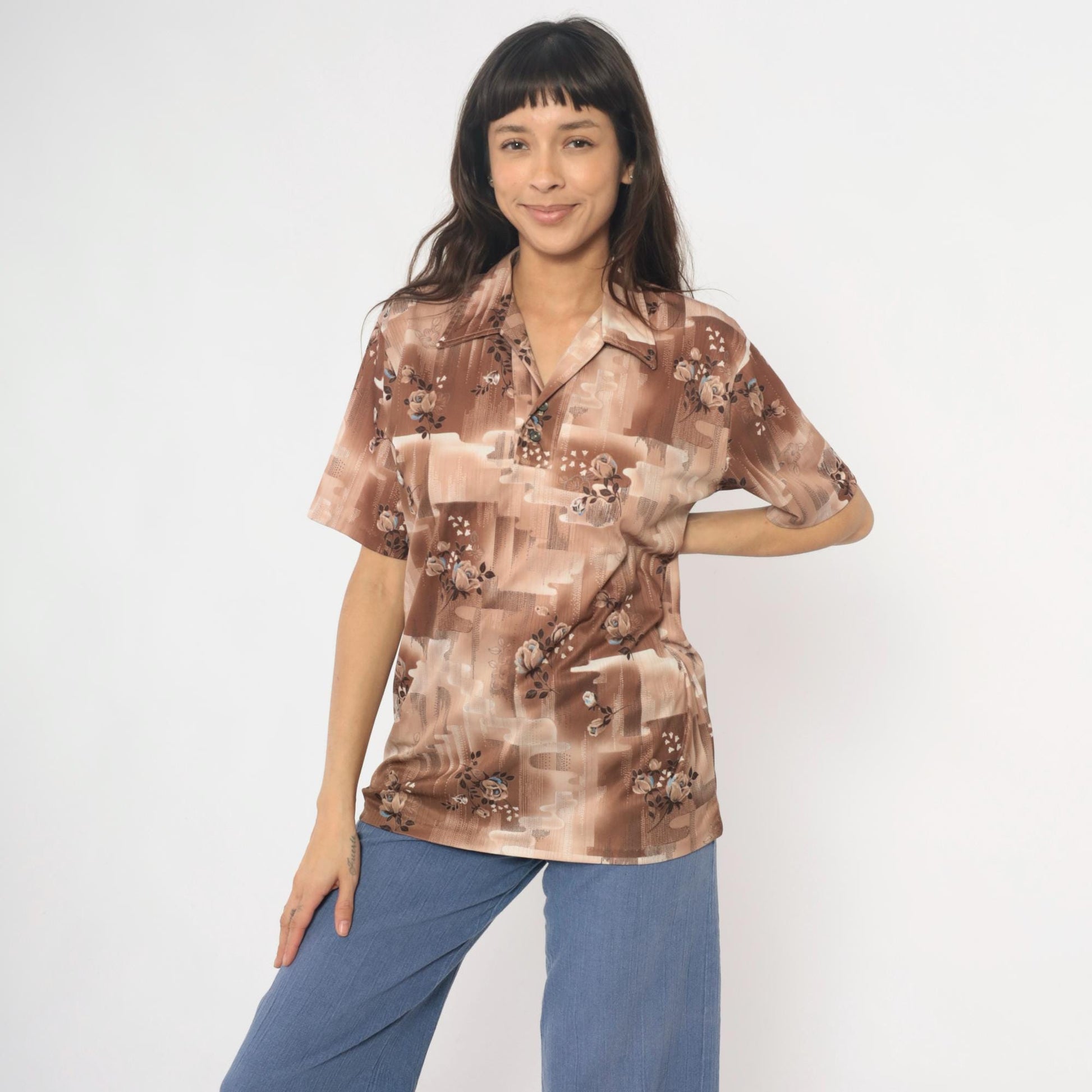 70s Stuart Mann Floral Button-Up Blouse Brown Tan Roses Geometric Medium M