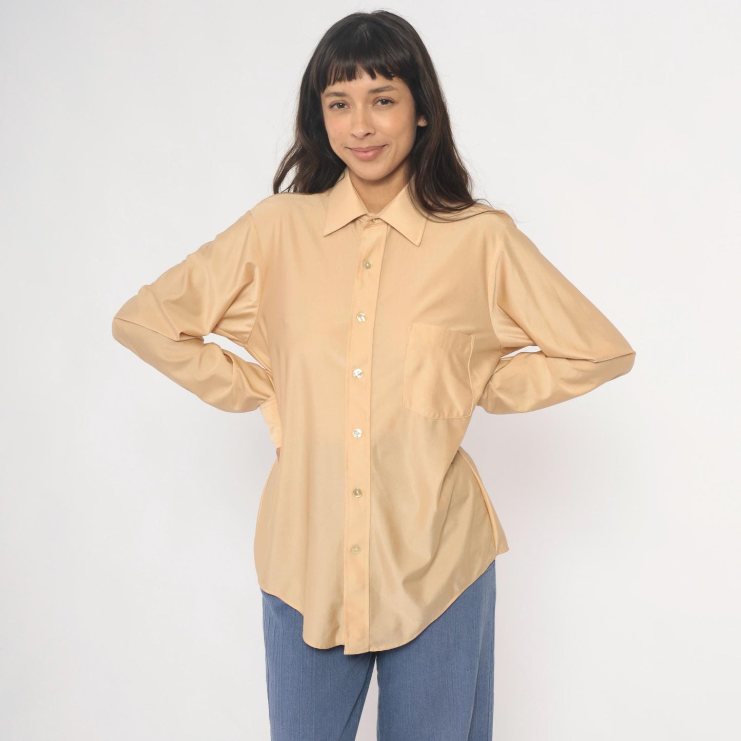 70s Arrow Kent Cream Nylon Button-Up Blouse Pointed Collar Long Sleeve Large