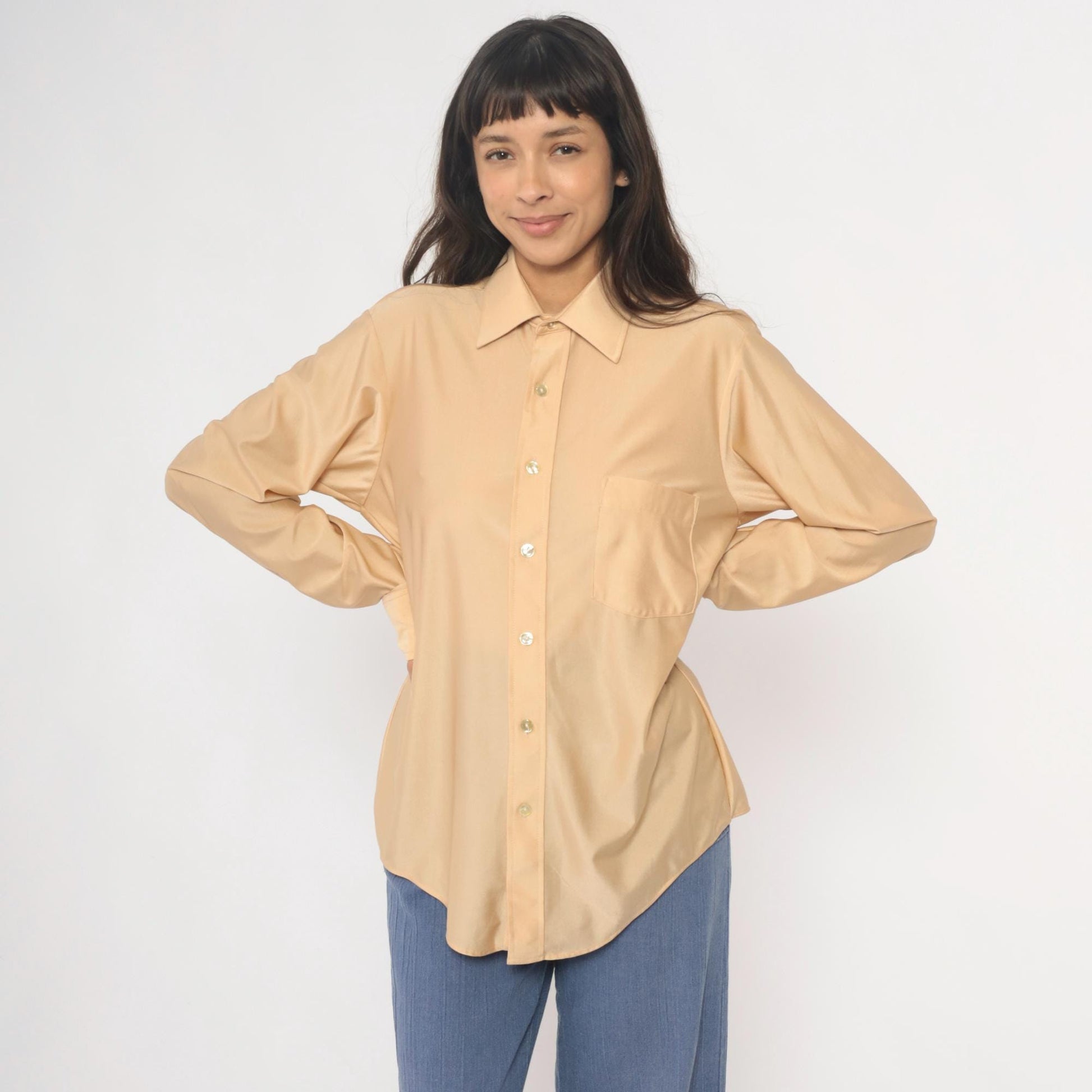 70s Arrow Kent Cream Nylon Button-Up Blouse Pointed Collar Long Sleeve Large