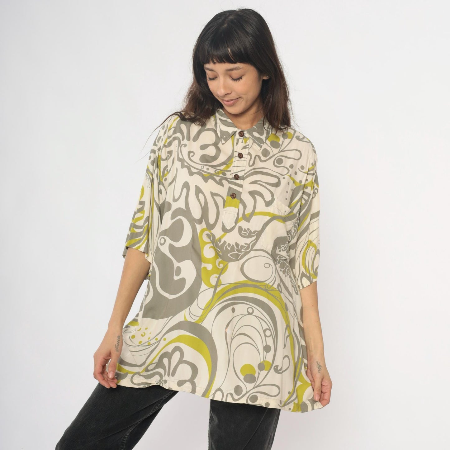 Y2K Manuhealii Psychedelic Swirl Shirt Cream Grey Chartreuse Extra Large XL