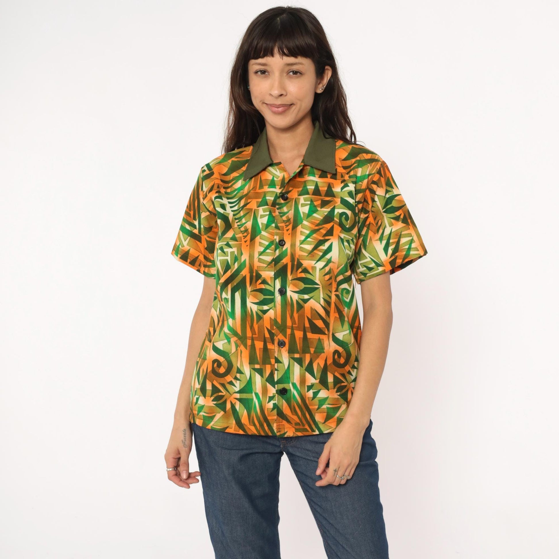 70s Psychedelic Geometric Print Shirt Orange Green Pointed Collar Medium M