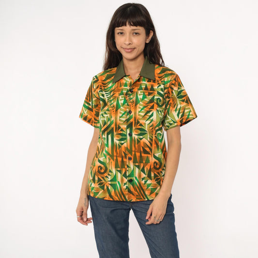 70s Psychedelic Geometric Print Shirt Orange Green Pointed Collar Medium M