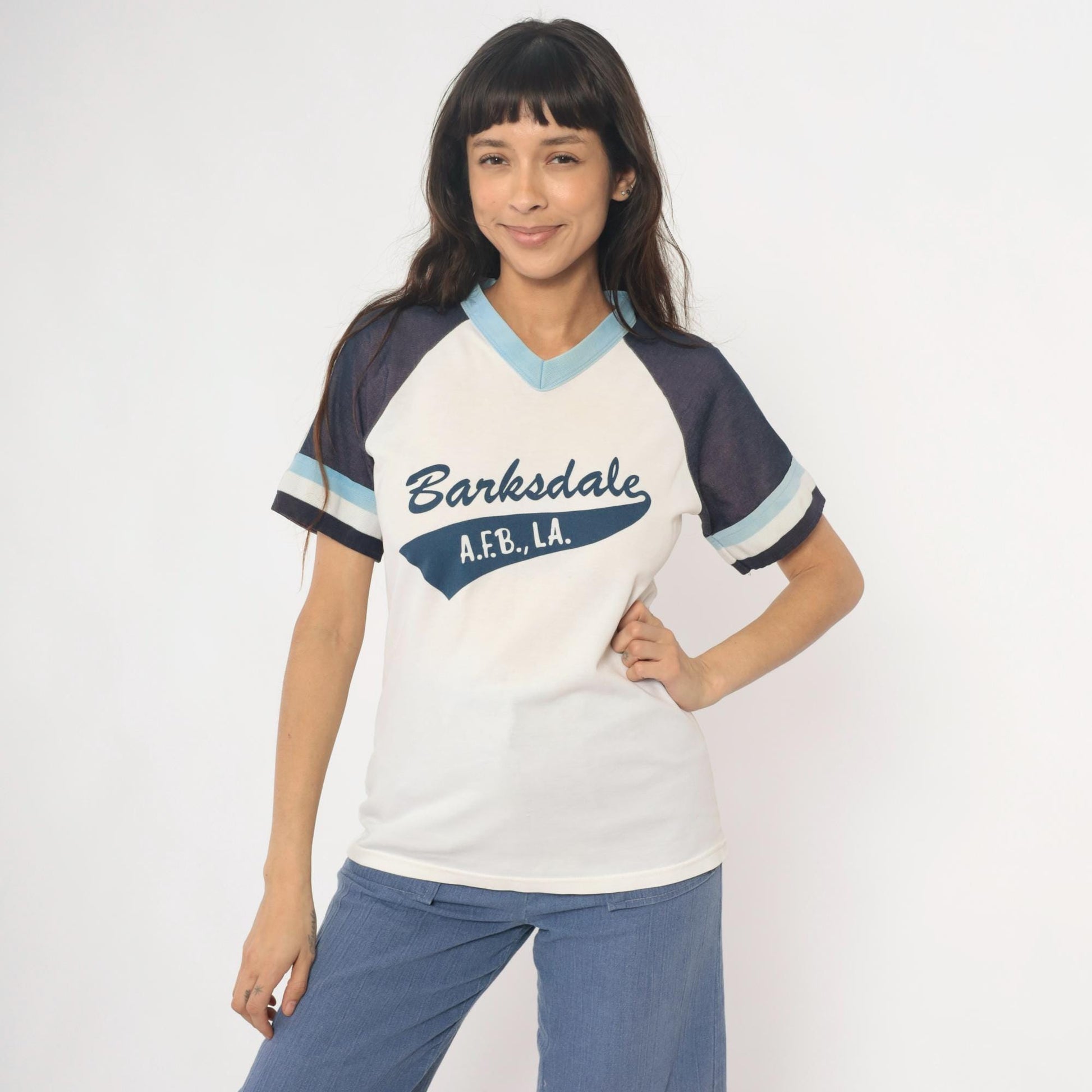 80s Barksdale A.F.B. Raglan Jersey Number 24 White Navy V-Neck Small