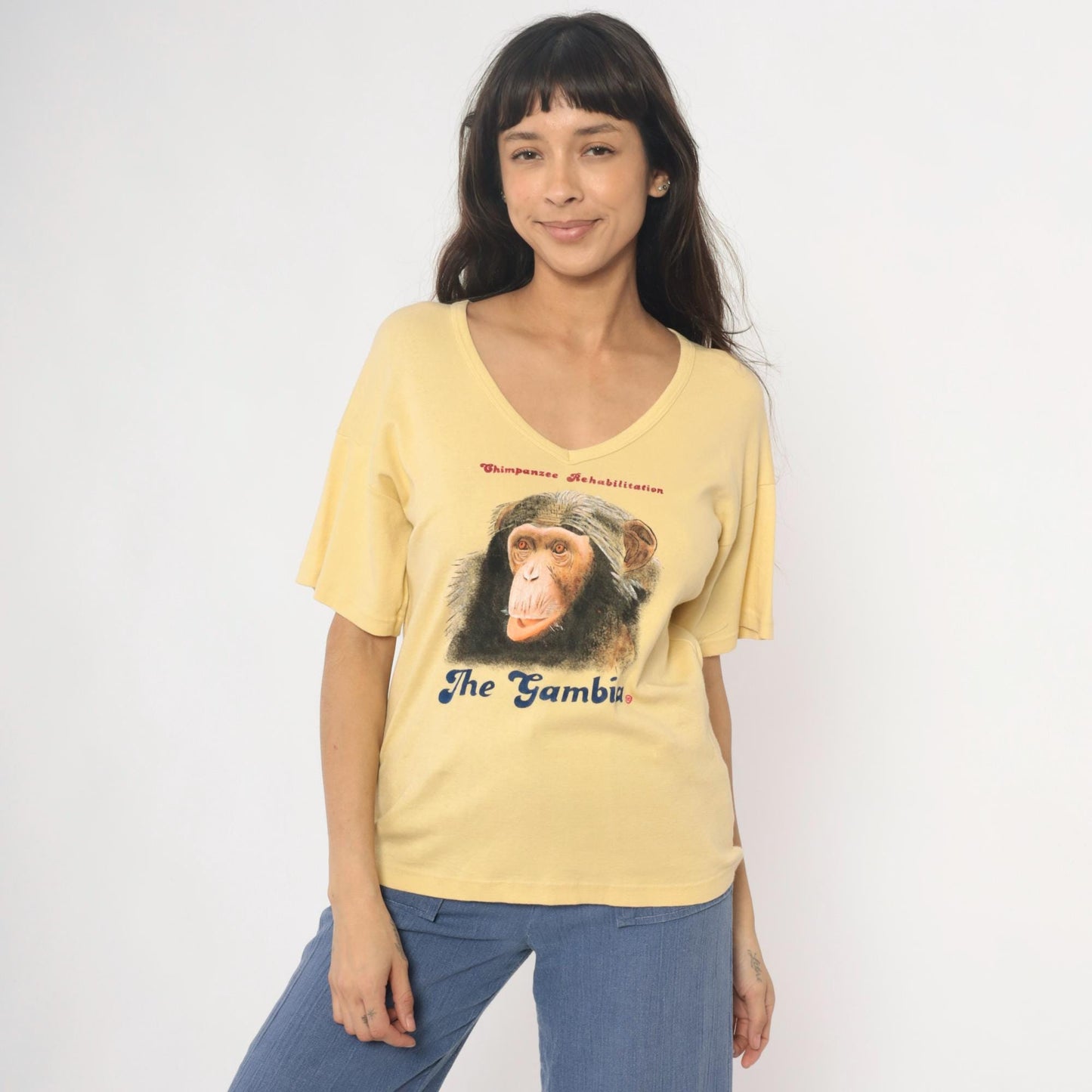 80s Chimpanzee Rehabilitation The Gambia Yellow Cotton V-Neck Tee Large L