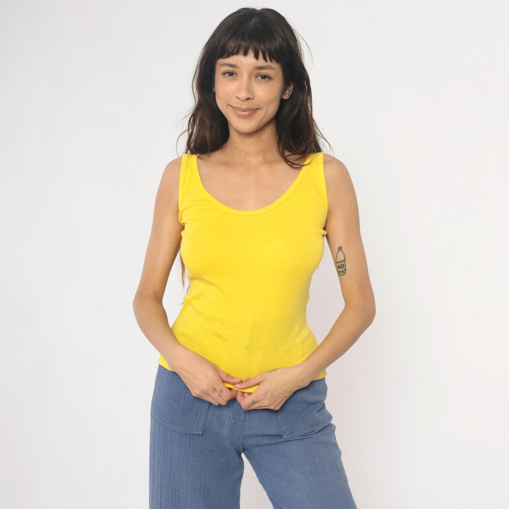 80s Yellow Scoop Neck Tank Top Fitted Cotton Blend Medium M