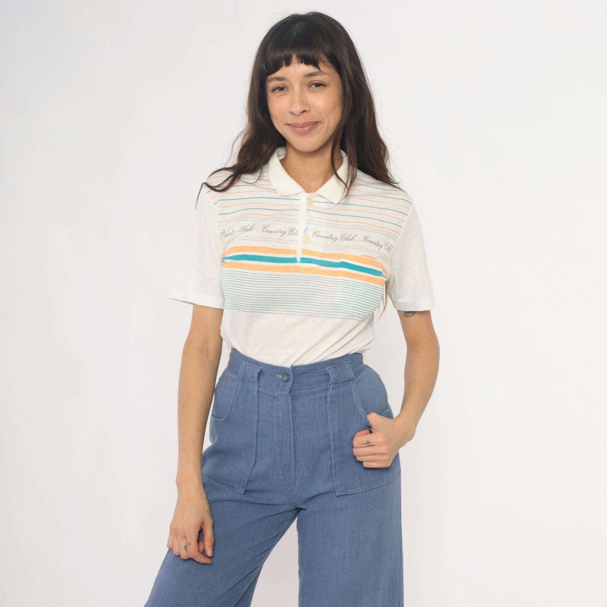 80s Country Club Polo Shirt Striped Cream Teal Peach Small