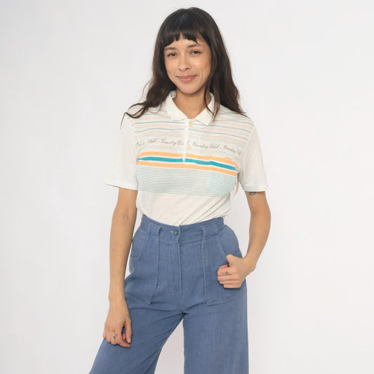80s Country Club Polo Shirt Striped Cream Teal Peach Small