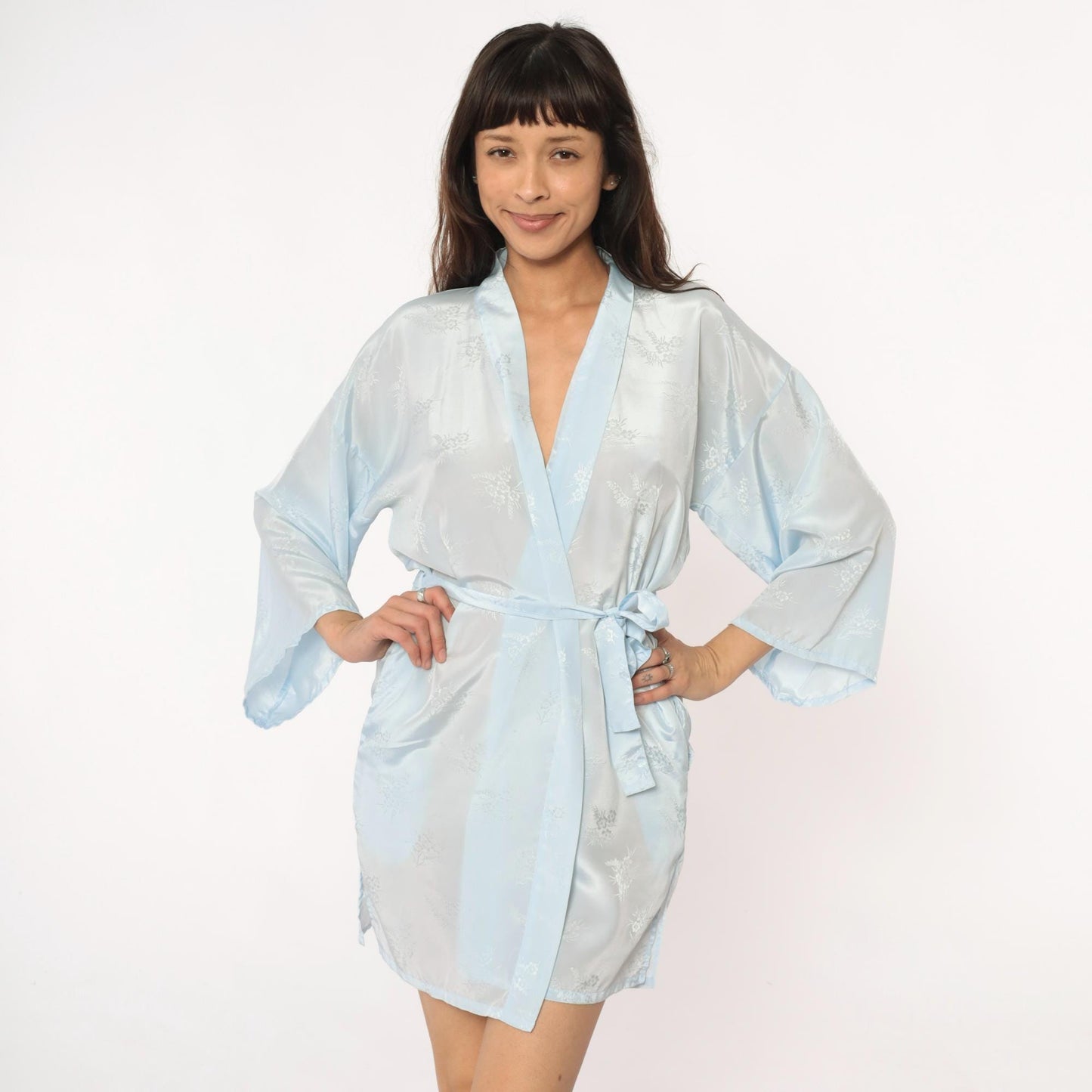 80s Pale Blue Kimono Robe Floral Print Wrap Shawl Collar Medium