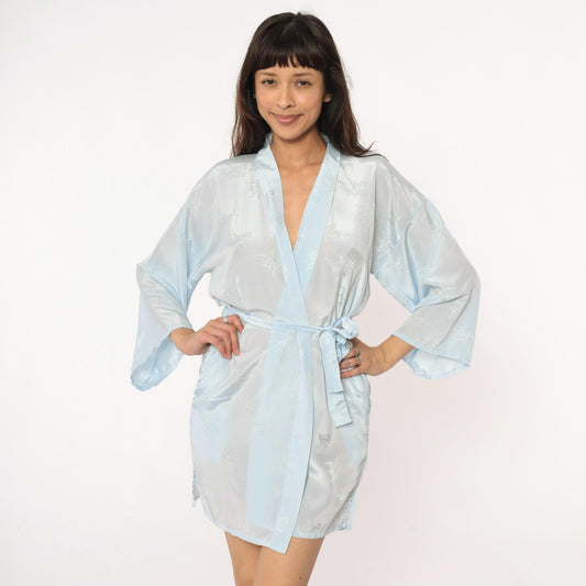 80s Pale Blue Kimono Robe Floral Print Wrap Shawl Collar Medium
