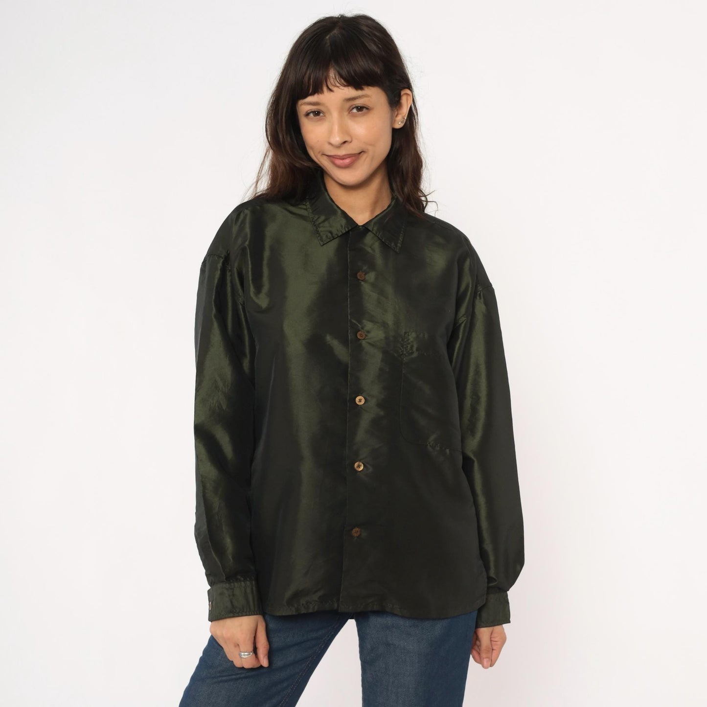 Y2K Olive Green Button-Up Shirt Sqwear Collared Long Sleeve Medium
