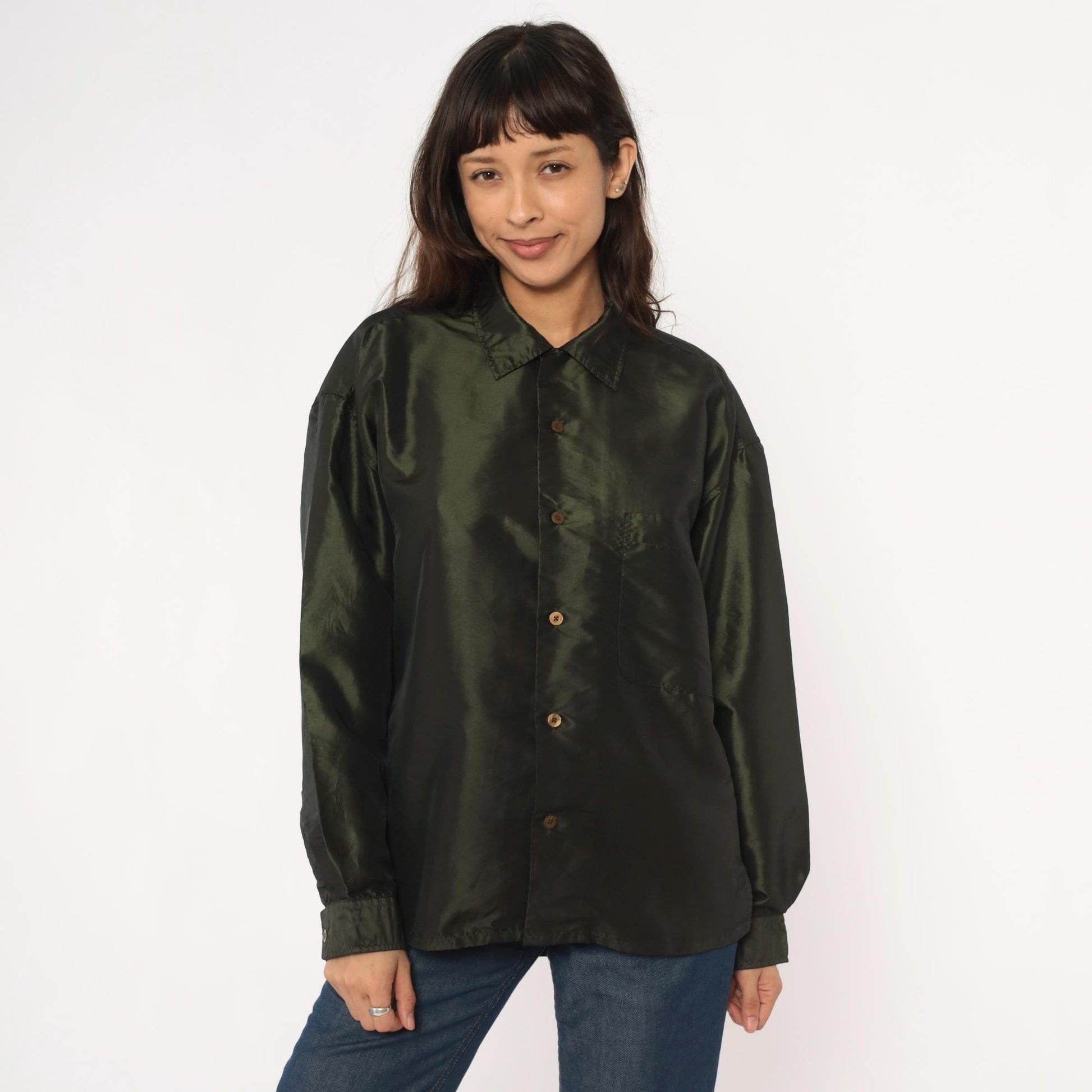 Y2K Olive Green Button-Up Shirt Sqwear Collared Long Sleeve Medium