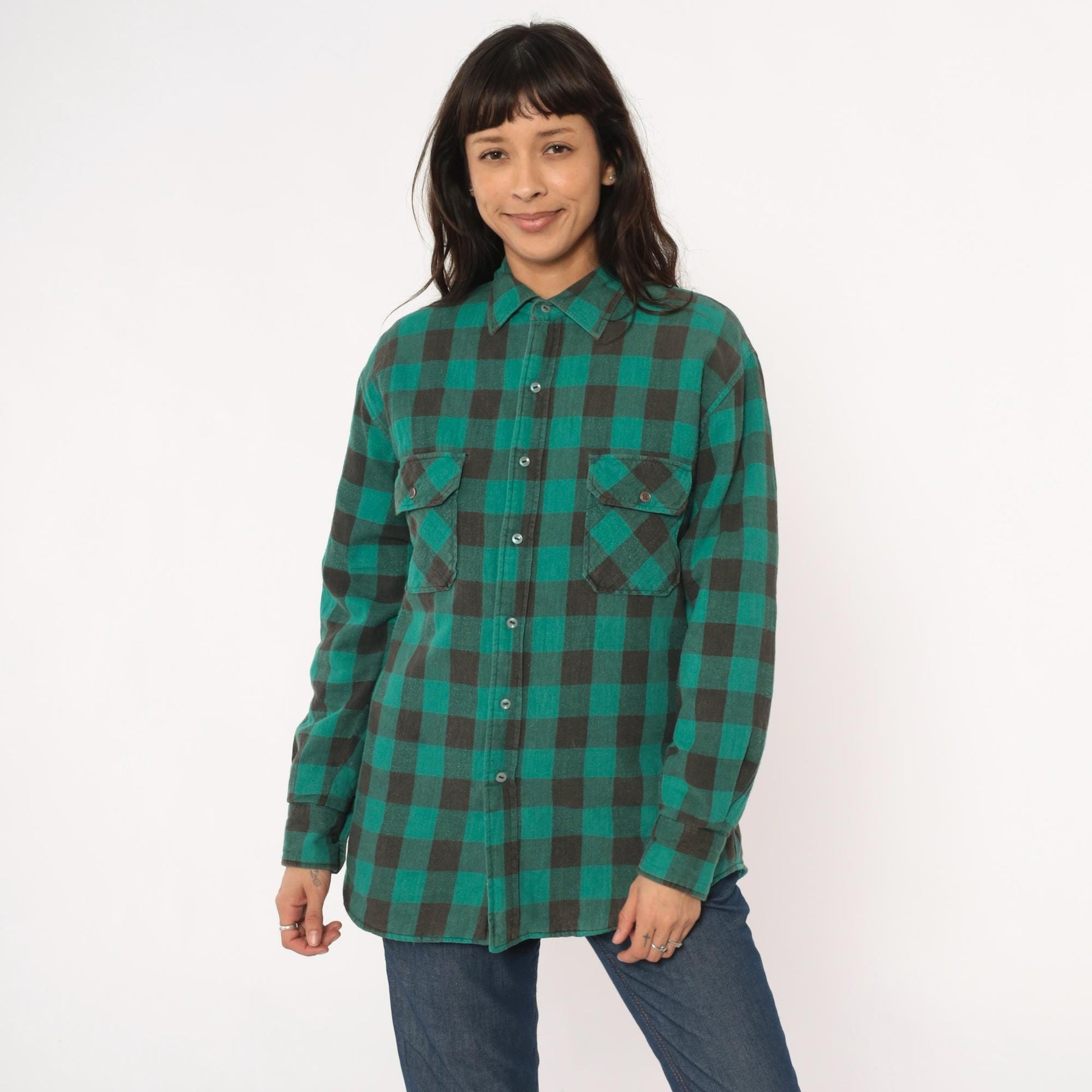 90s Sports Afield Buffalo Plaid Flannel Shirt Green Black Quilted Medium M