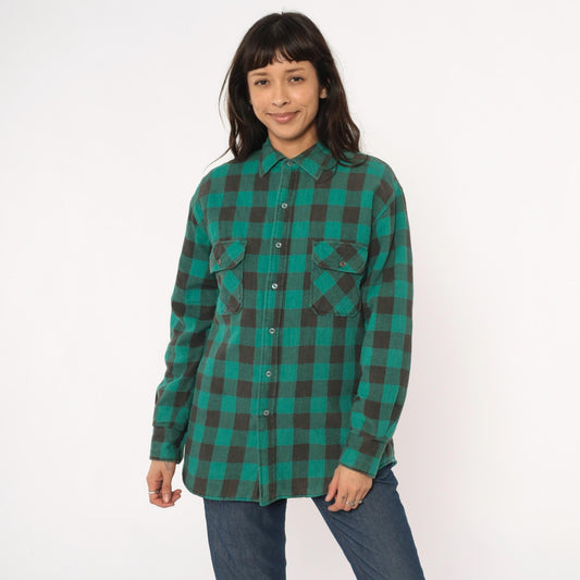 90s Sports Afield Buffalo Plaid Flannel Shirt Green Black Quilted Medium M