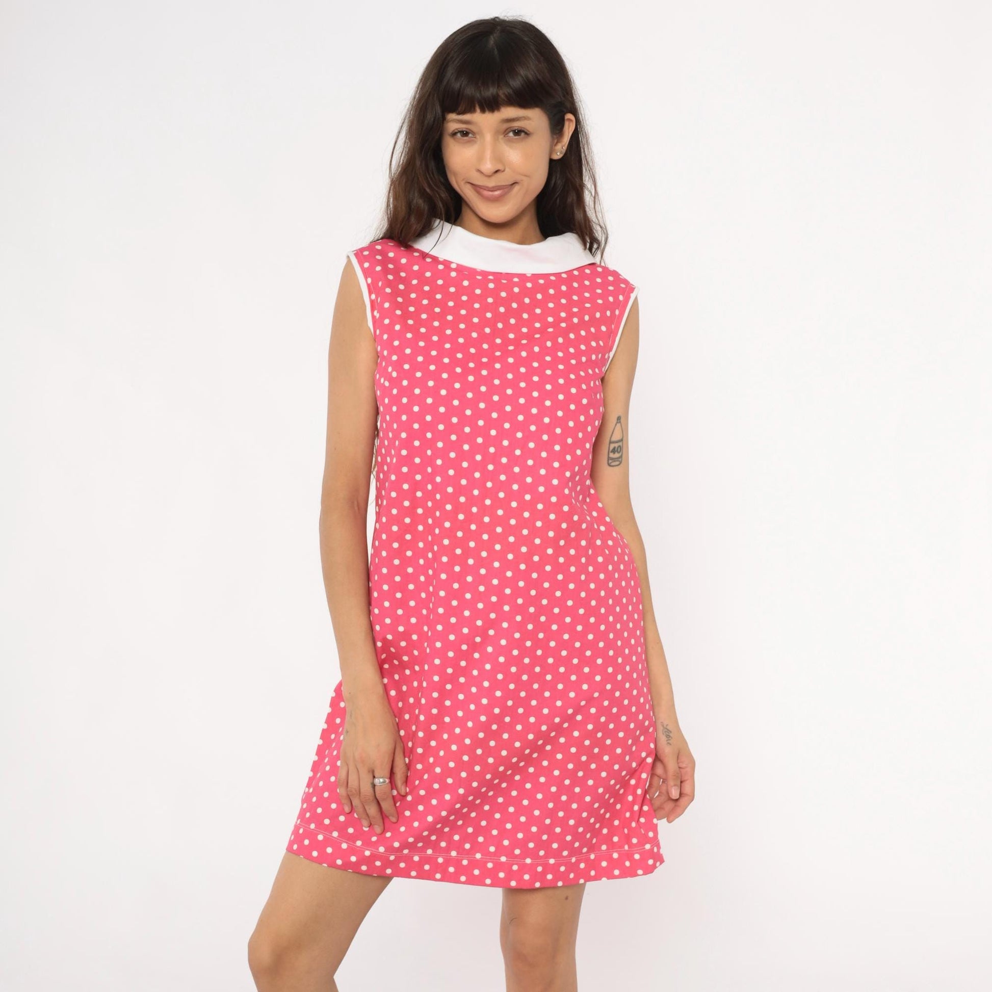 90s Pink Polka Dot Shift Dress White Peter Pan Collar Small