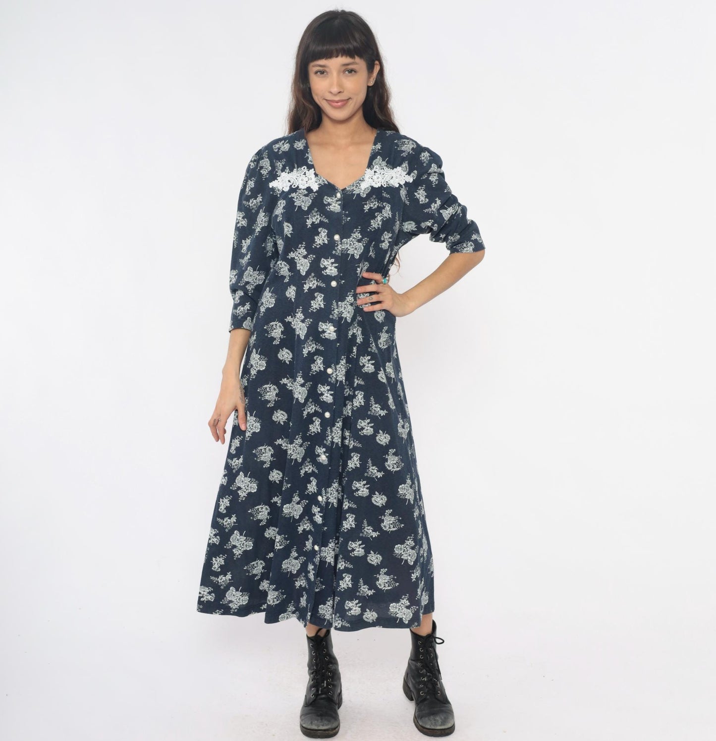 90s Navy Floral Maxi Dress Lace Collar Button Front Three Quarter Sleeve Extra Large XXL