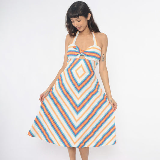 70s Rainbow Chevron Halter Dress Cutout Tie Front Cotton Small