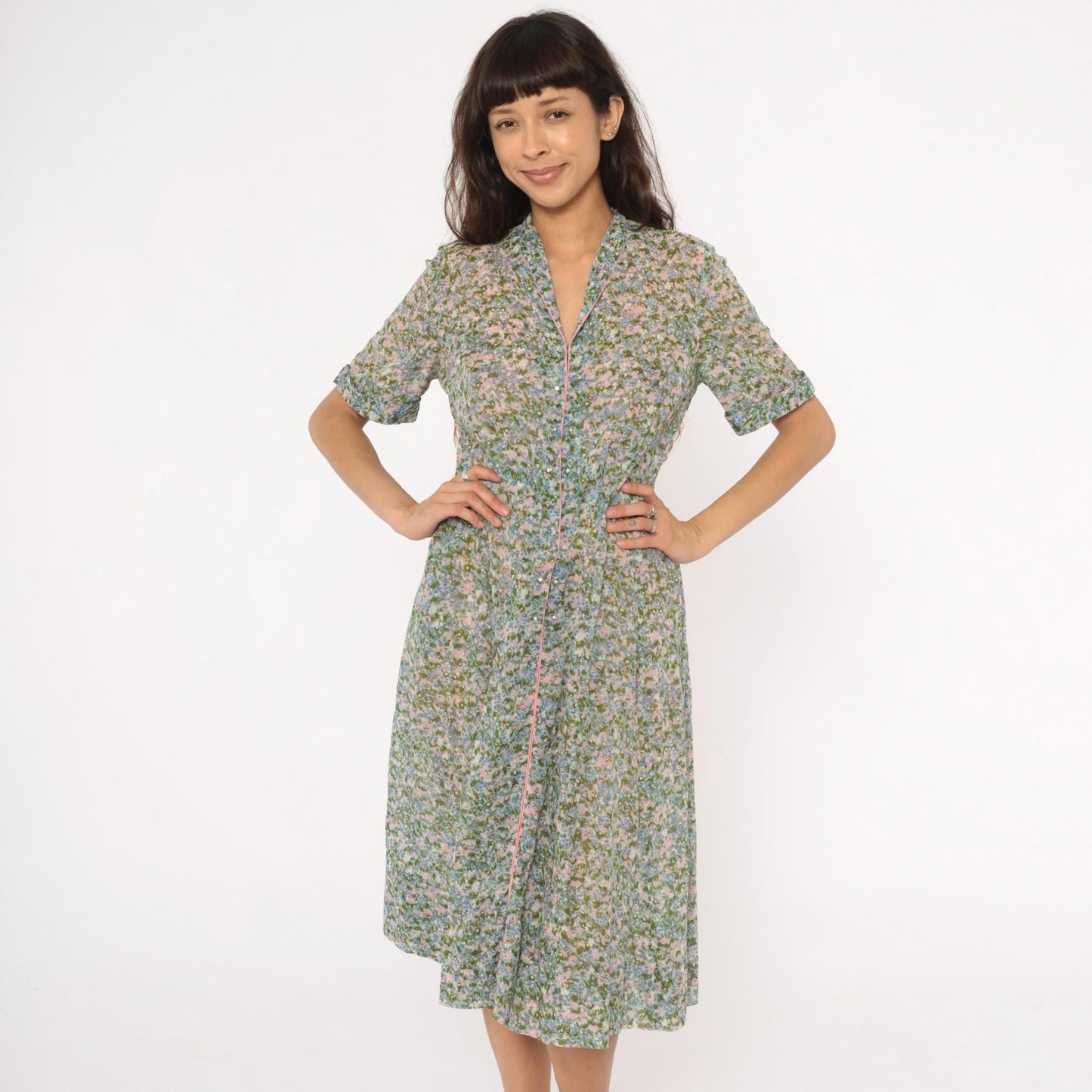 60s Laiglon Floral Midi Dress Button Front Shirtdress Cotton Medium