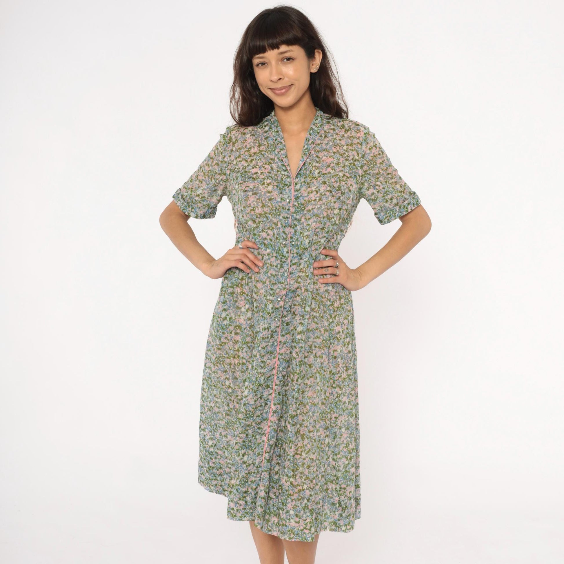 60s Laiglon Floral Midi Dress Button Front Shirtdress Cotton Medium