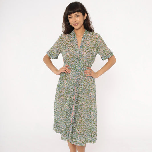 60s Laiglon Floral Midi Dress Button Front Shirtdress Cotton Medium