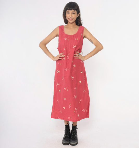 90s White Stag Floral Maxi Dress Pink Linen Cotton Blend Pintuck Medium M