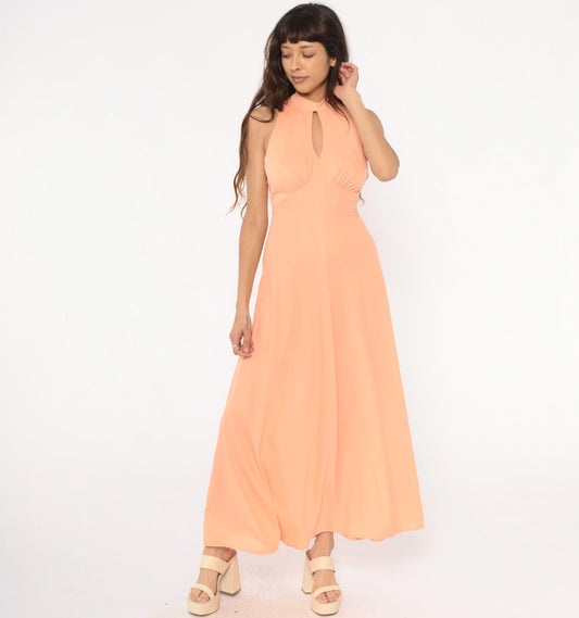 70s Peach Halter Maxi Dress Keyhole Cutout Empire Waist Small