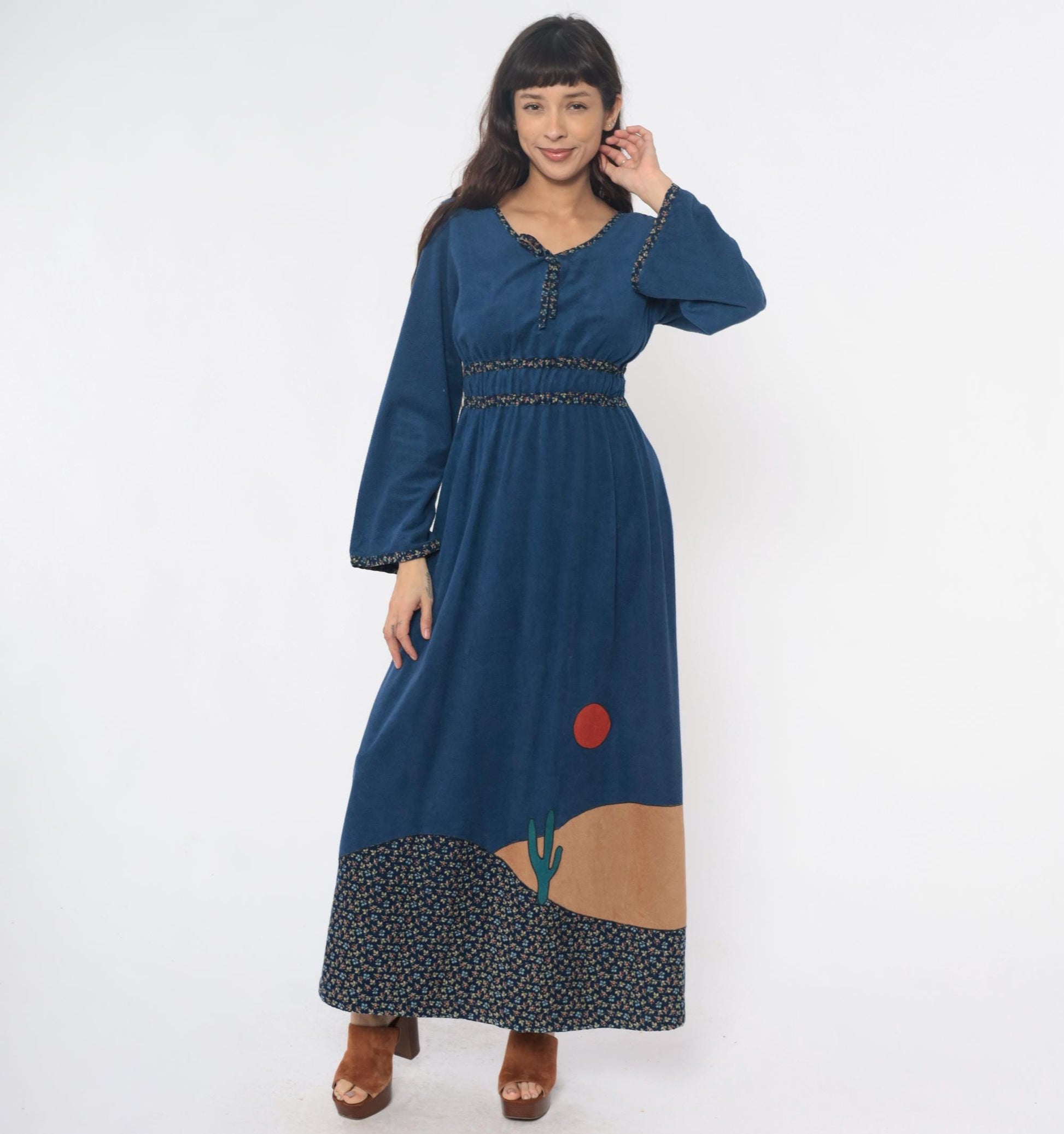 70s Blue Maxi Dress Empire Waist Desert Cactus Appliqué Long Sleeve Medium