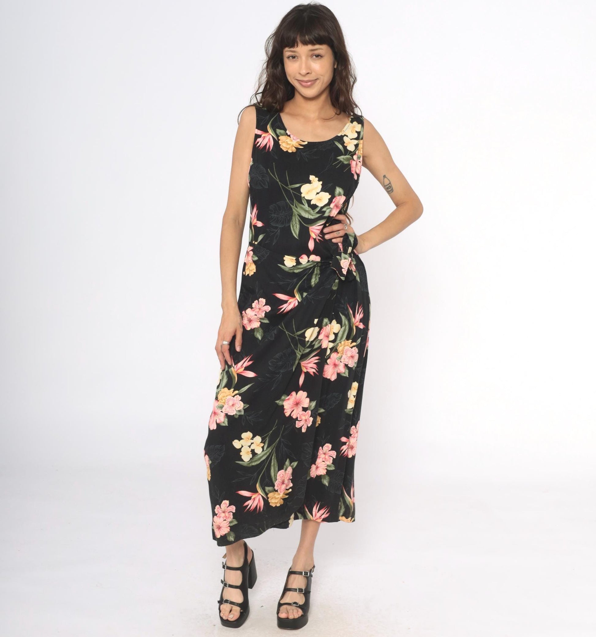 90s Caribbean Joe Black Floral Maxi Dress Tropical Print Sleeveless Large L