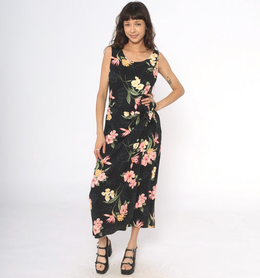 90s Caribbean Joe Black Floral Maxi Dress Tropical Print Sleeveless Large L