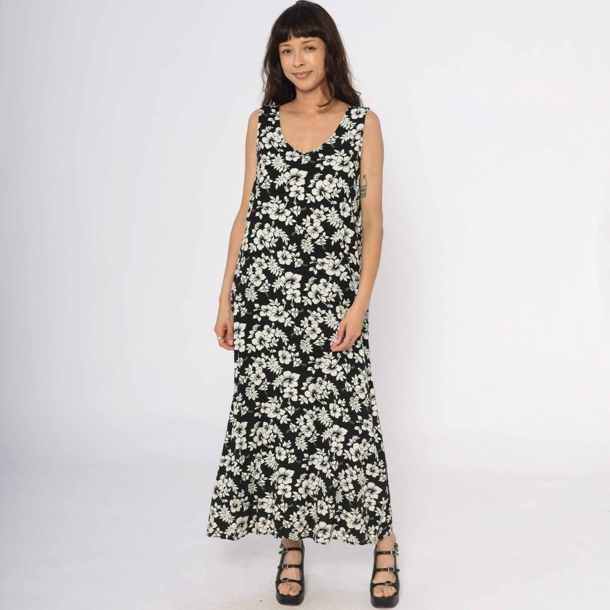 Y2K Josephine Chaus Black Maxi Dress Hibiscus Floral Print Large L