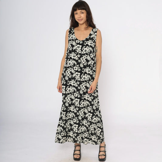 Y2K Josephine Chaus Black Maxi Dress Hibiscus Floral Print Large L